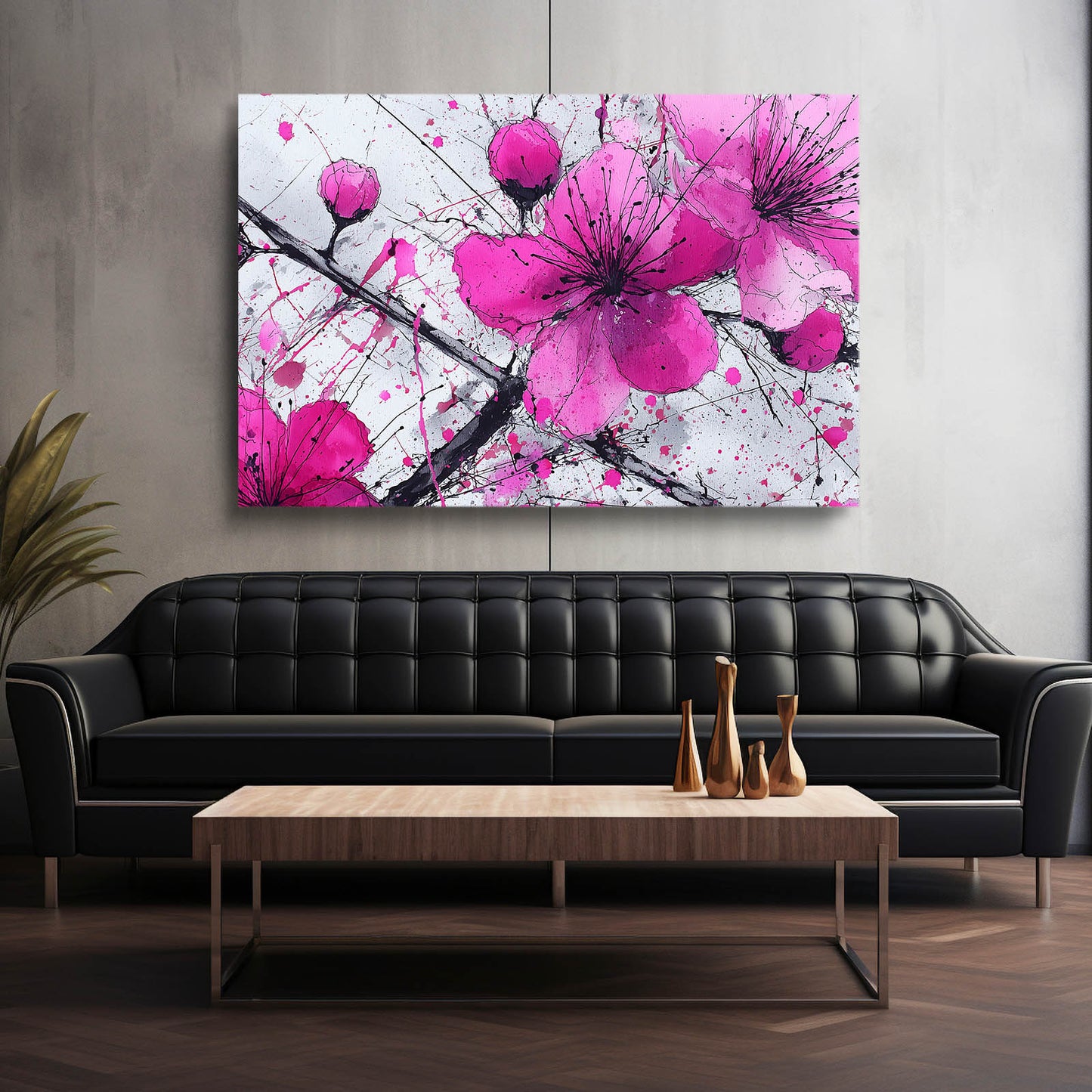 Orchid Pink Blooms Cherry Blossom Wall Art – styled in a furnished interior