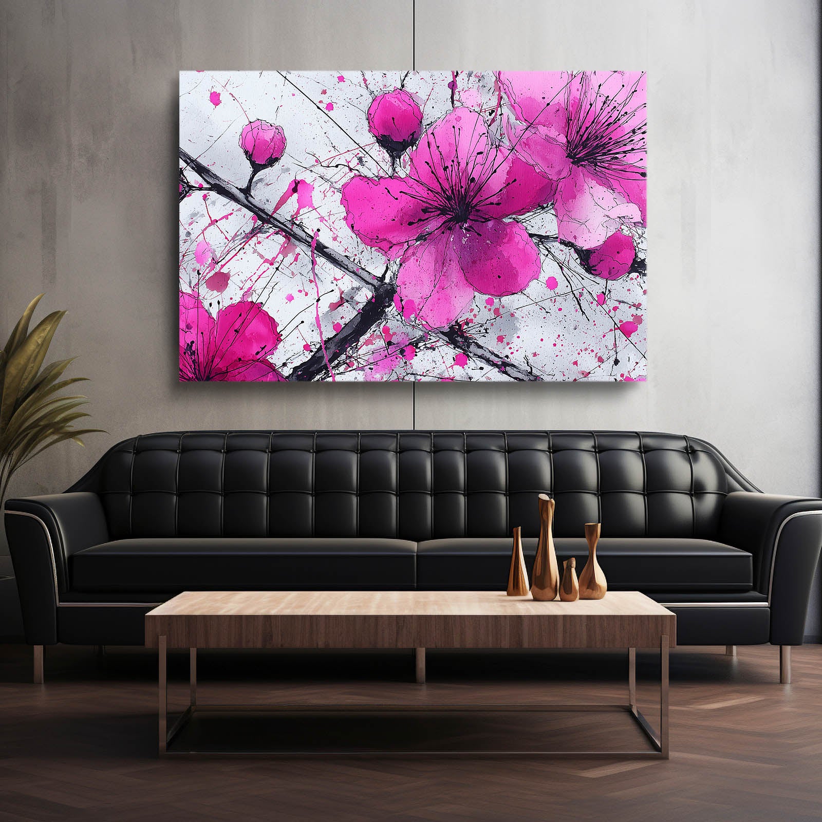 Orchid Pink Blooms Cherry Blossom Wall Art – styled in a furnished interior