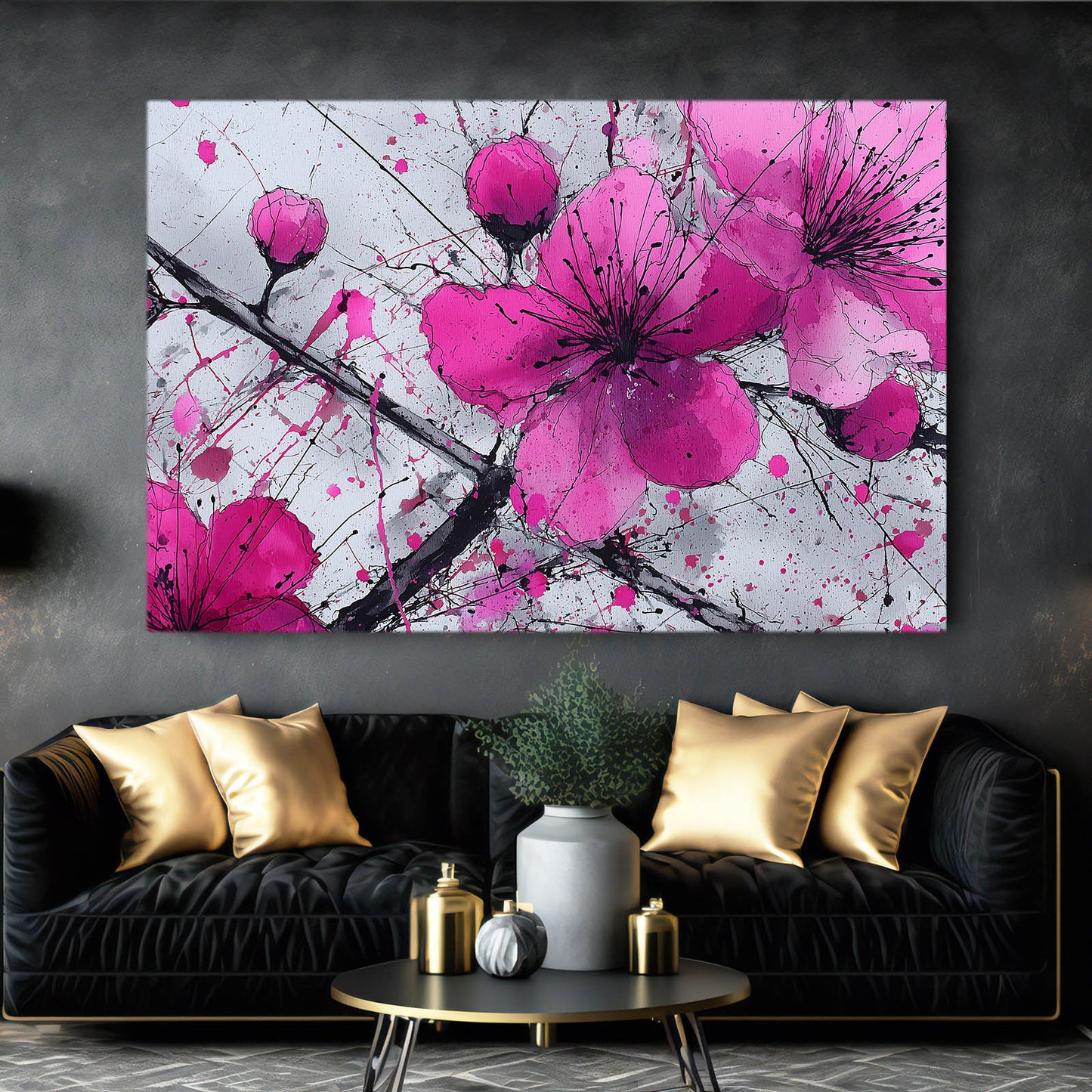 Orchid Pink Blooms Cherry Blossom Wall Art – styled in a furnished interior