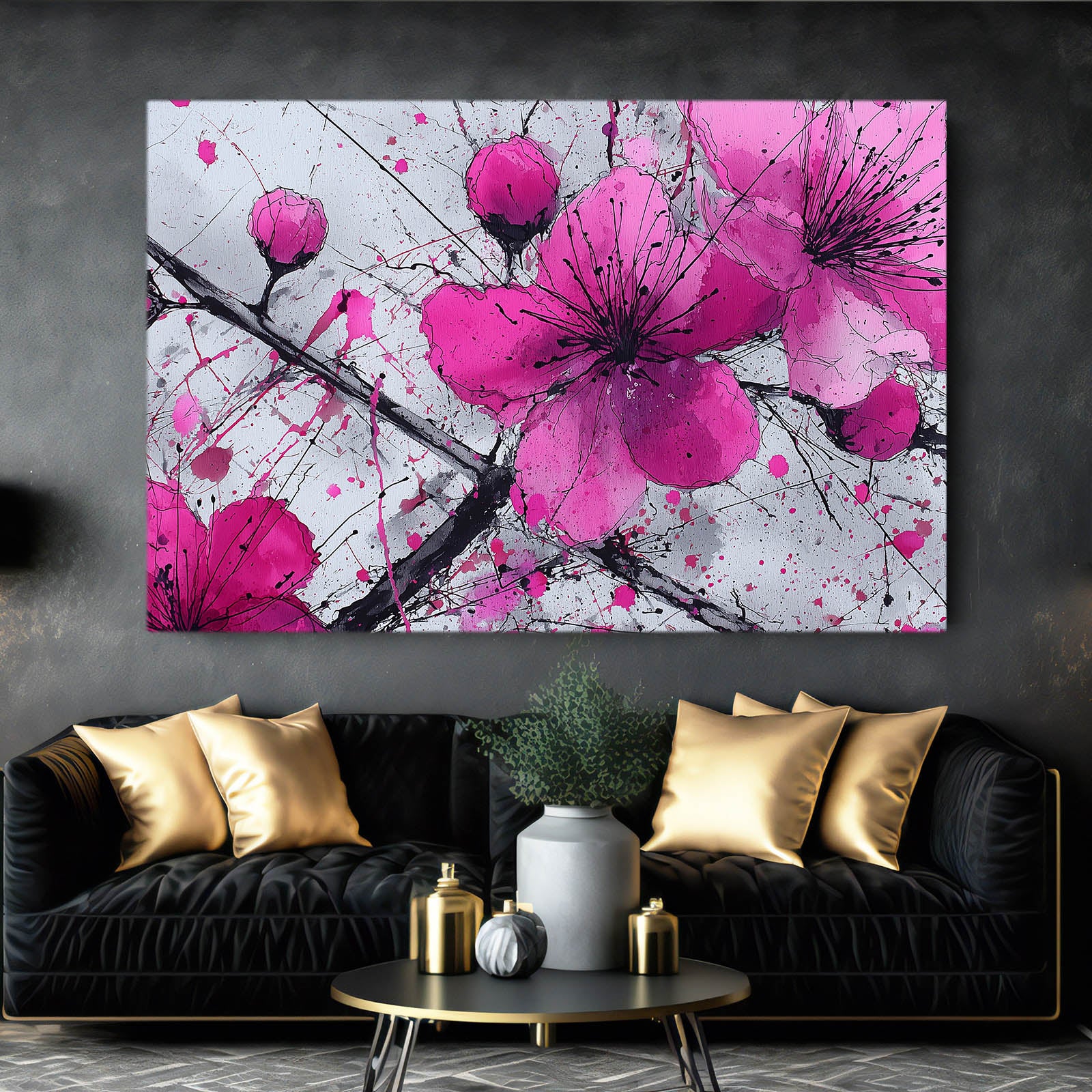 Orchid Pink Blooms Cherry Blossom Wall Art – styled in a furnished interior