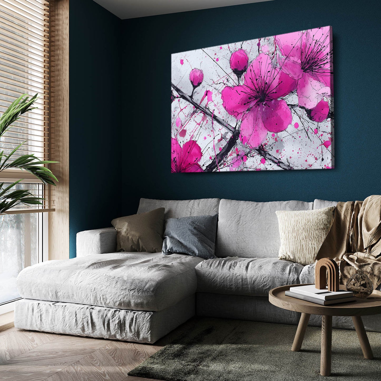 Orchid Pink Blooms Cherry Blossom Wall Art – styled in a furnished interior