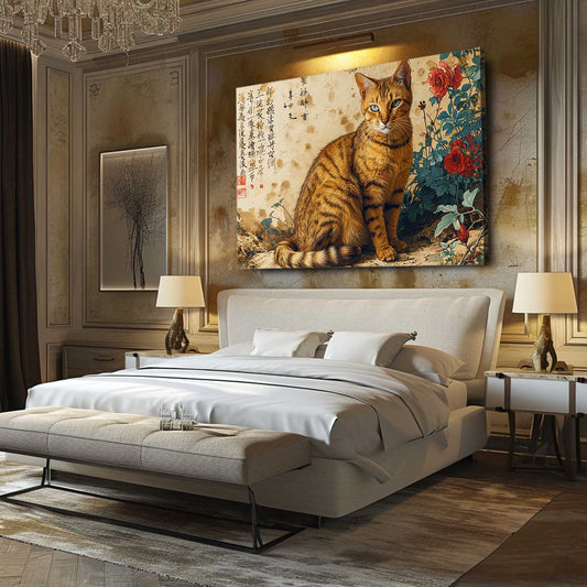 Oriental Elegance Cat Wall Art — japanese canvas print in orange tones, view 3