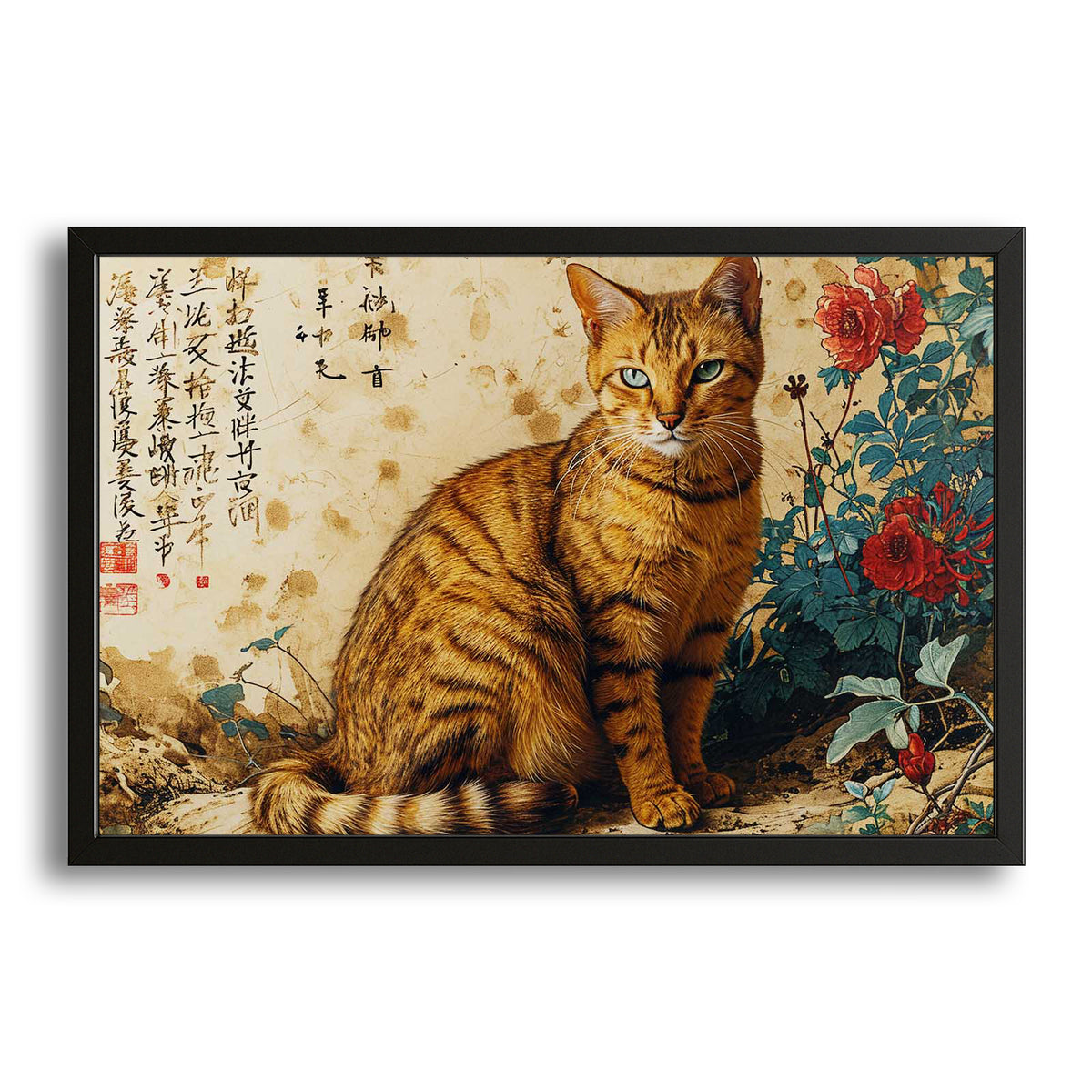 Oriental Elegance Cat Wall Art — japanese art canvas print in orange tones, with Premium Black frame on white background