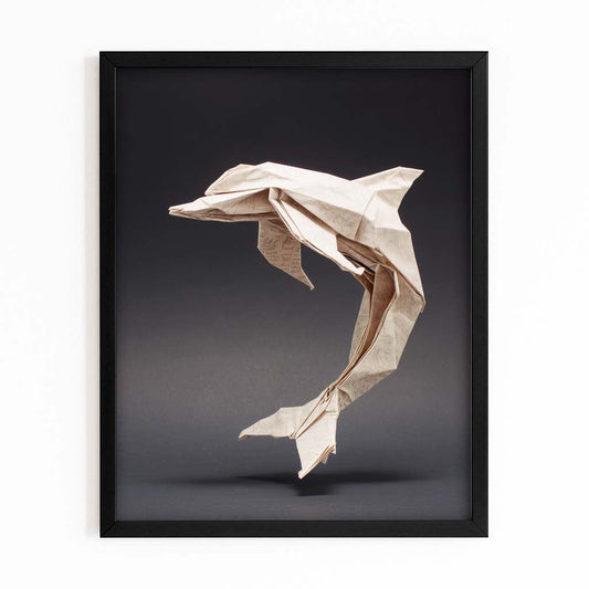 Origami Fold Dolphin Art – paper origami dolphin sculpture leaping in soft studio light on dark