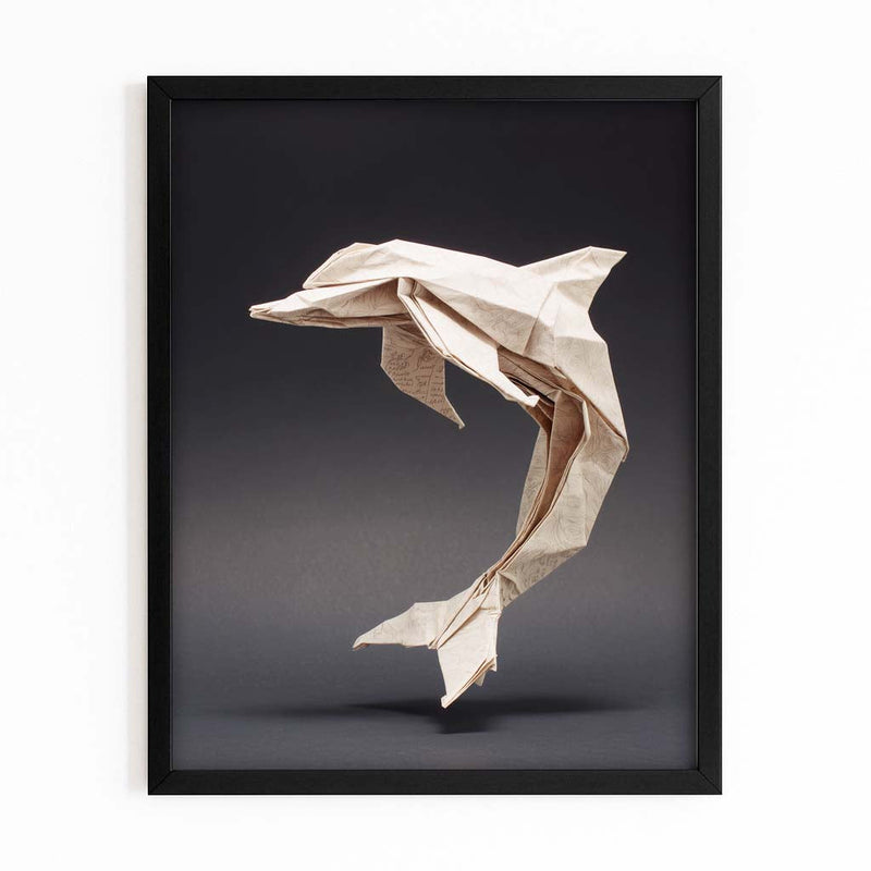Origami Fold Dolphin Art – paper origami dolphin sculpture leaping in soft studio light on dark