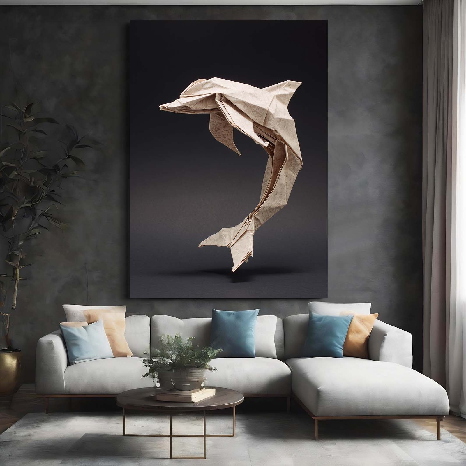 Origami Fold Dolphin Art – styled in a furnished interior