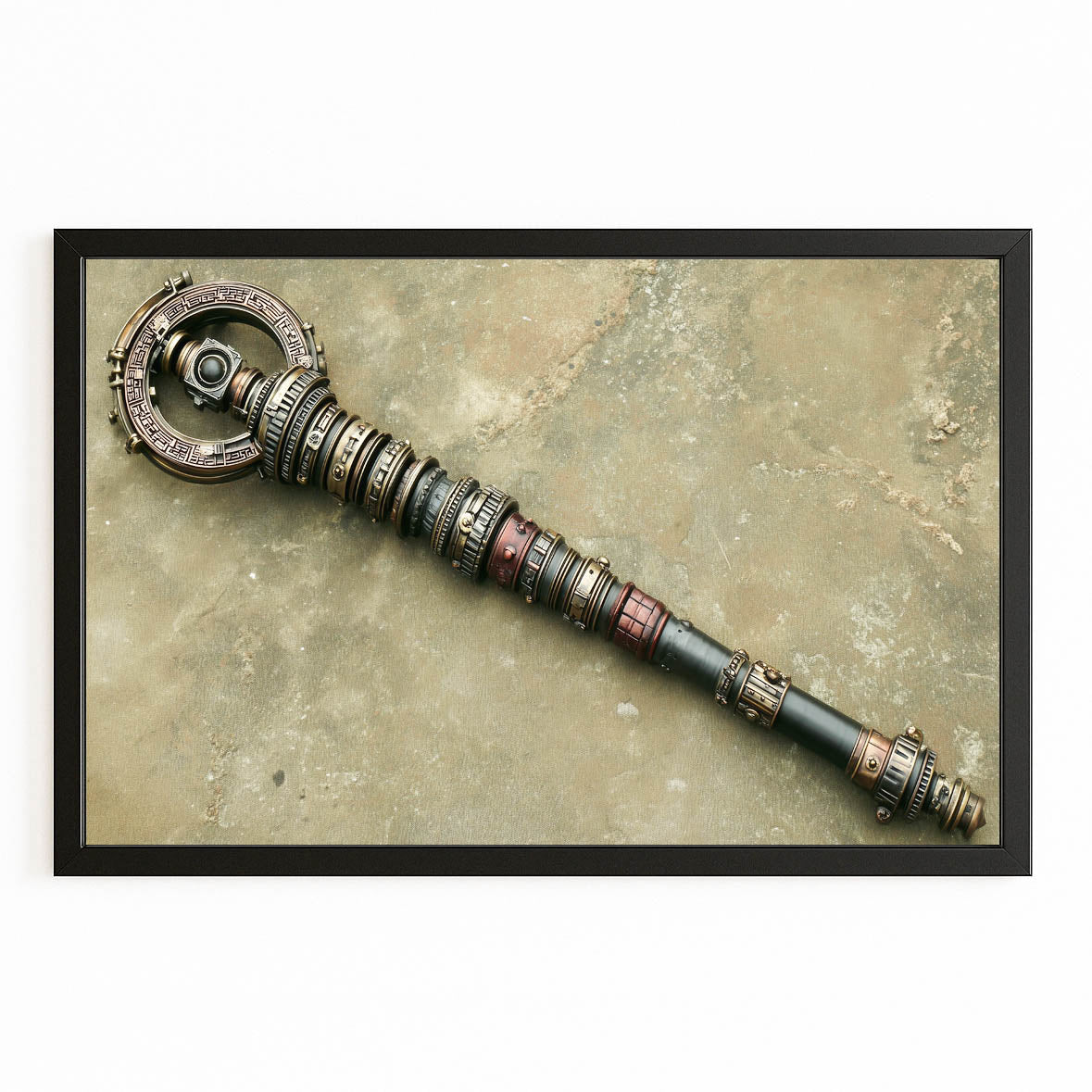 Ornate Brass Scepter Steampunk Canvas – with Premium Black frame on white background