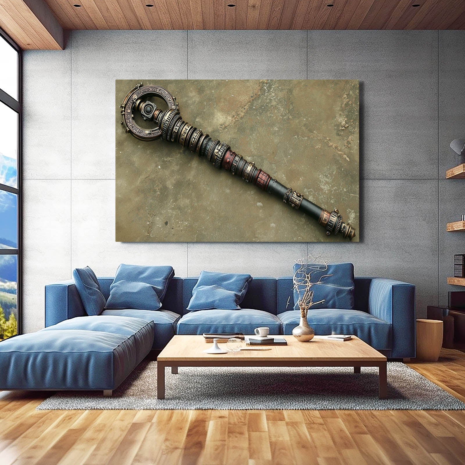Ornate Brass Scepter Steampunk Canvas – styled in a furnished interior
