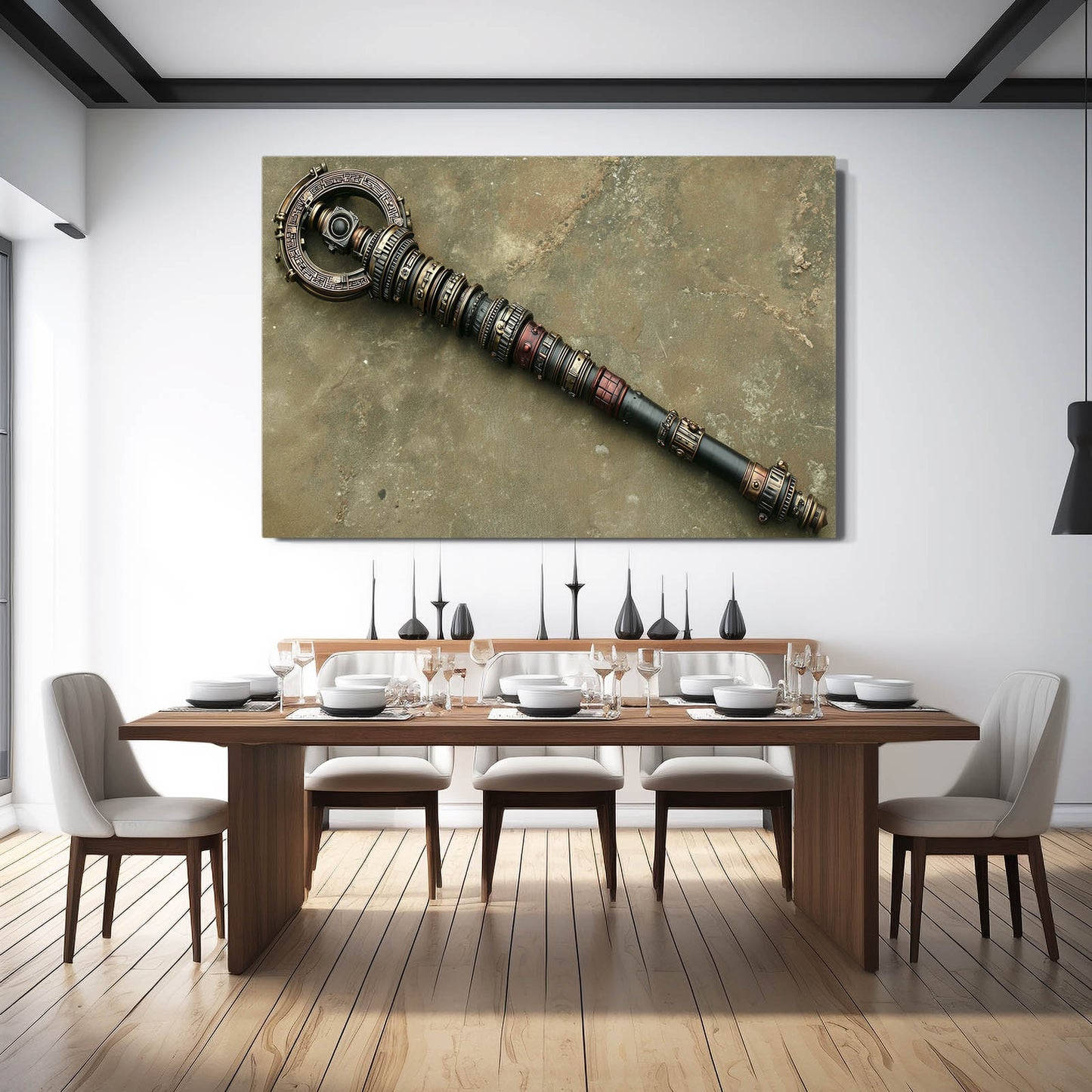 Ornate Brass Scepter Steampunk Canvas – styled in a furnished interior
