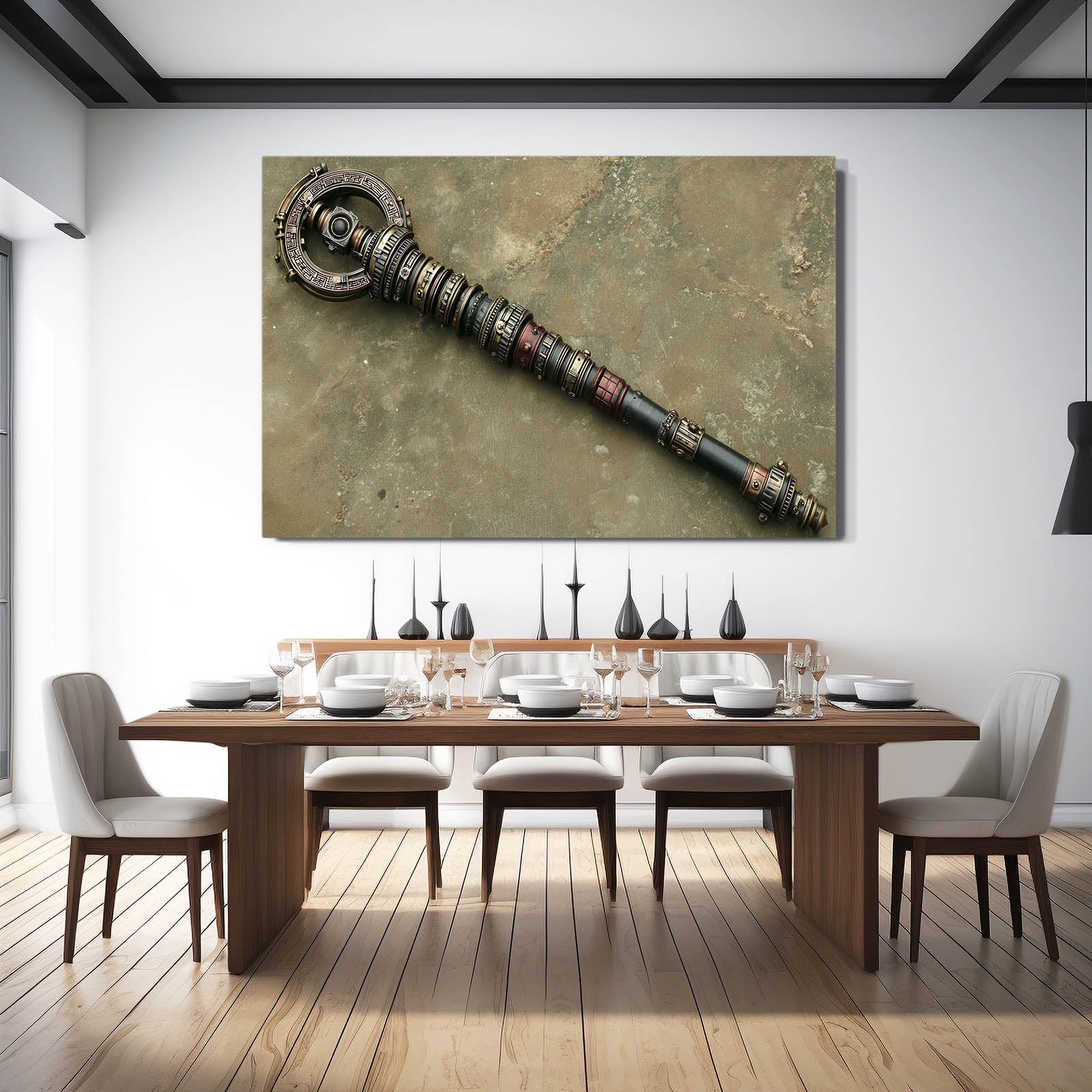 Ornate Brass Scepter Steampunk Canvas – styled in a furnished interior