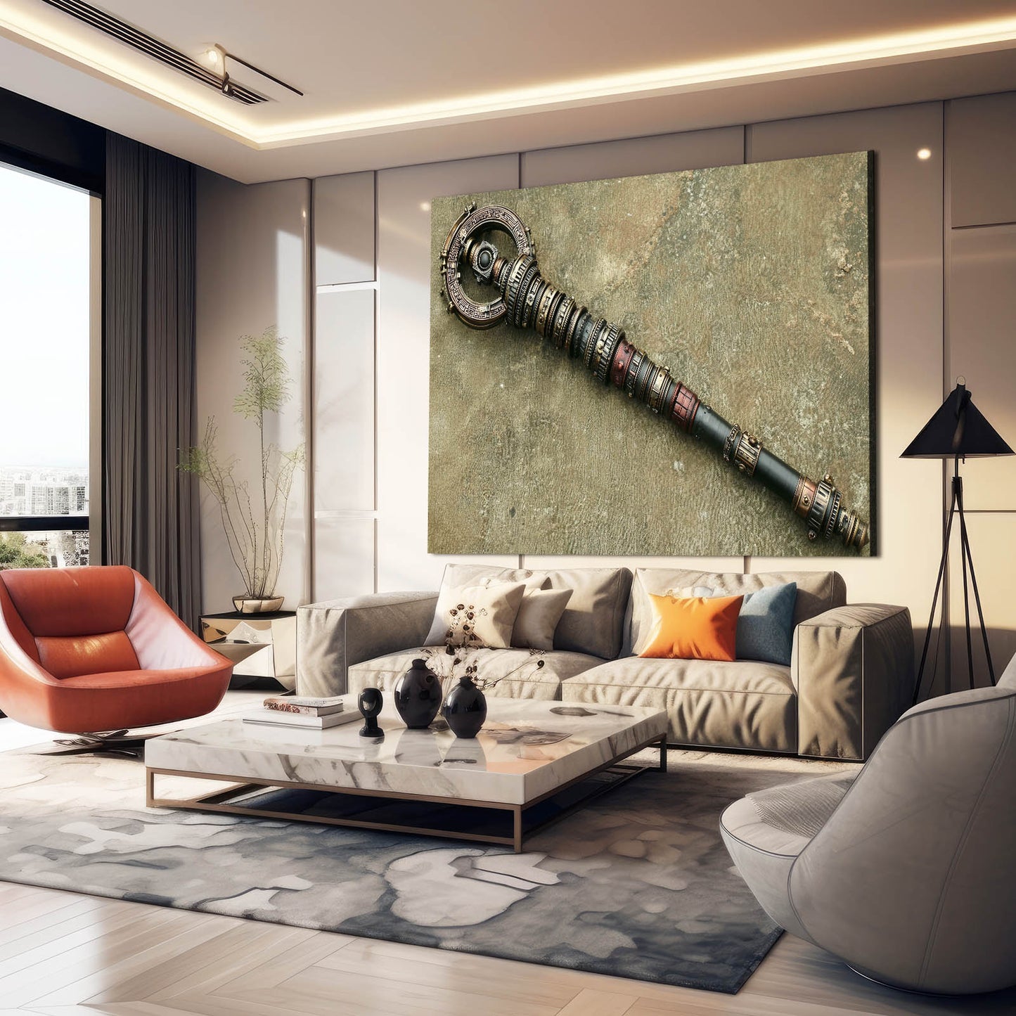 Ornate Brass Scepter Steampunk Canvas – styled in a furnished interior