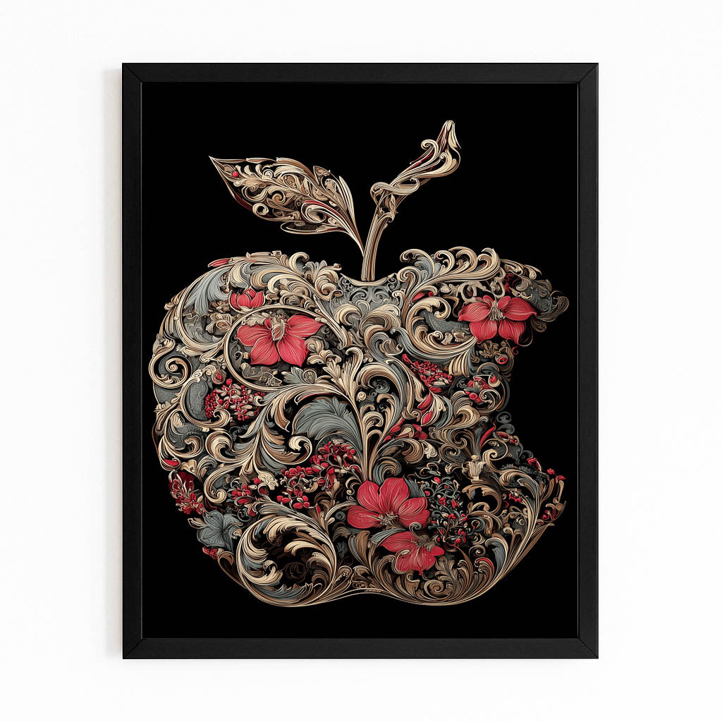 Ornate Floral Silhouette Apple Canvas – with Premium Black frame on white background