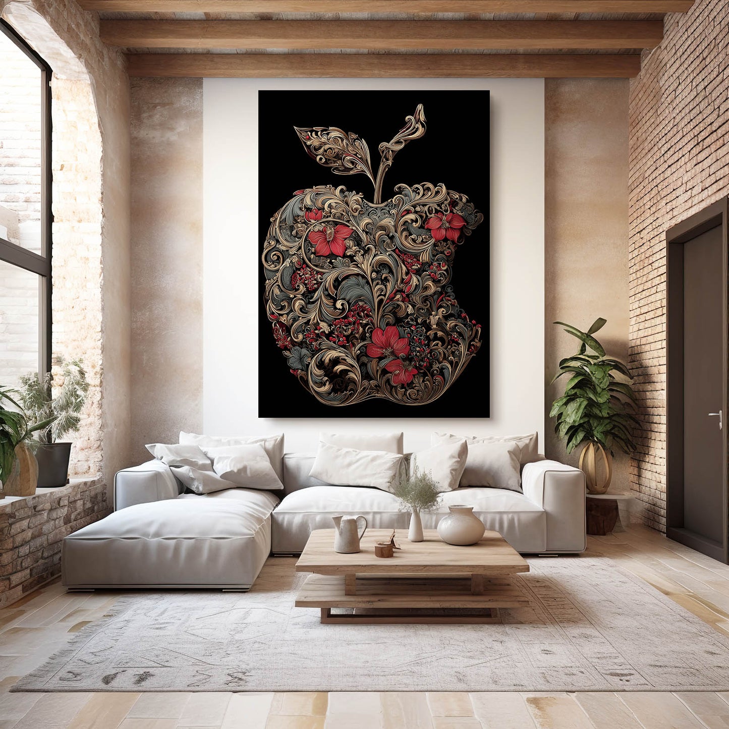 Ornate Floral Silhouette Apple Canvas – styled in a furnished interior