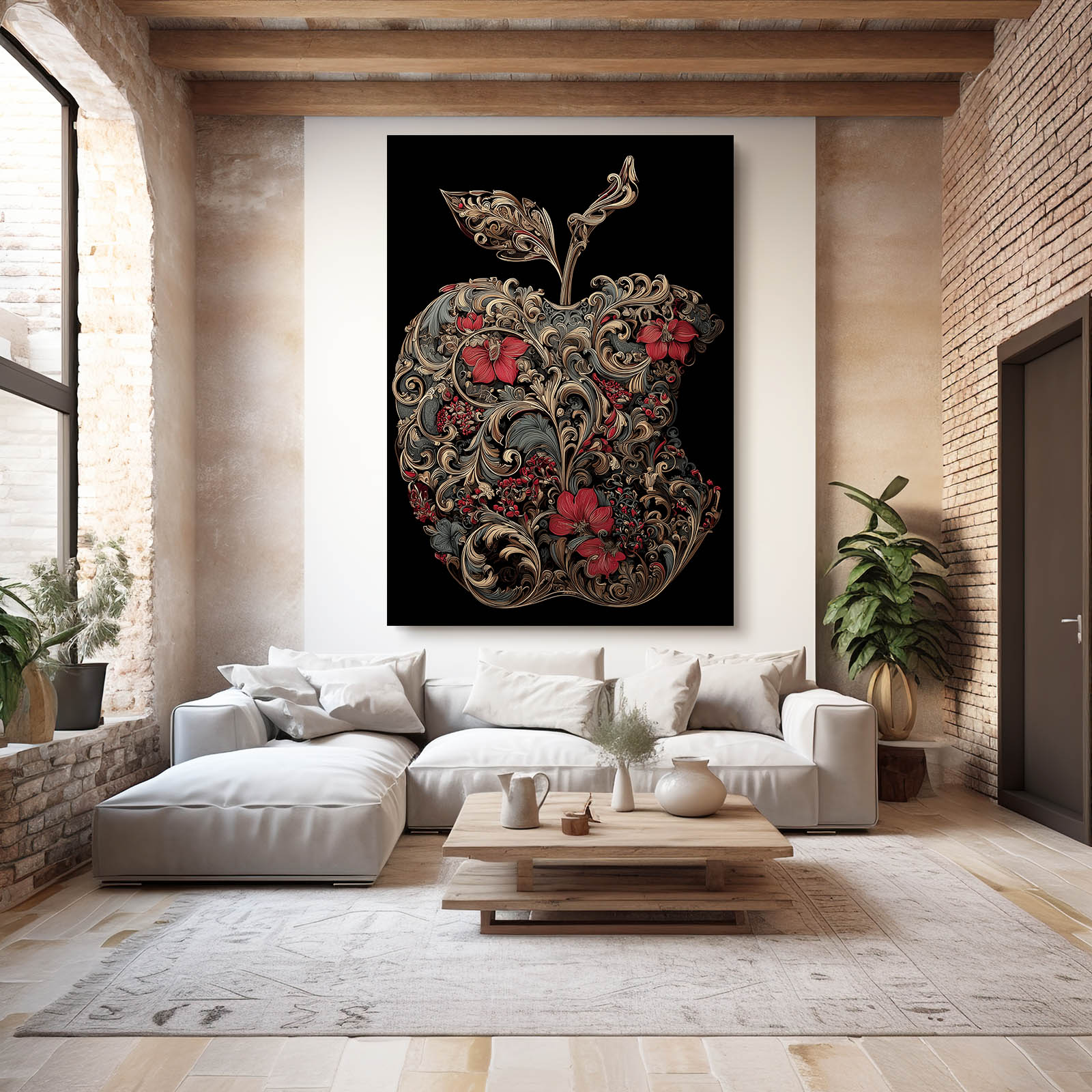 Ornate Floral Silhouette Apple Canvas – styled in a furnished interior