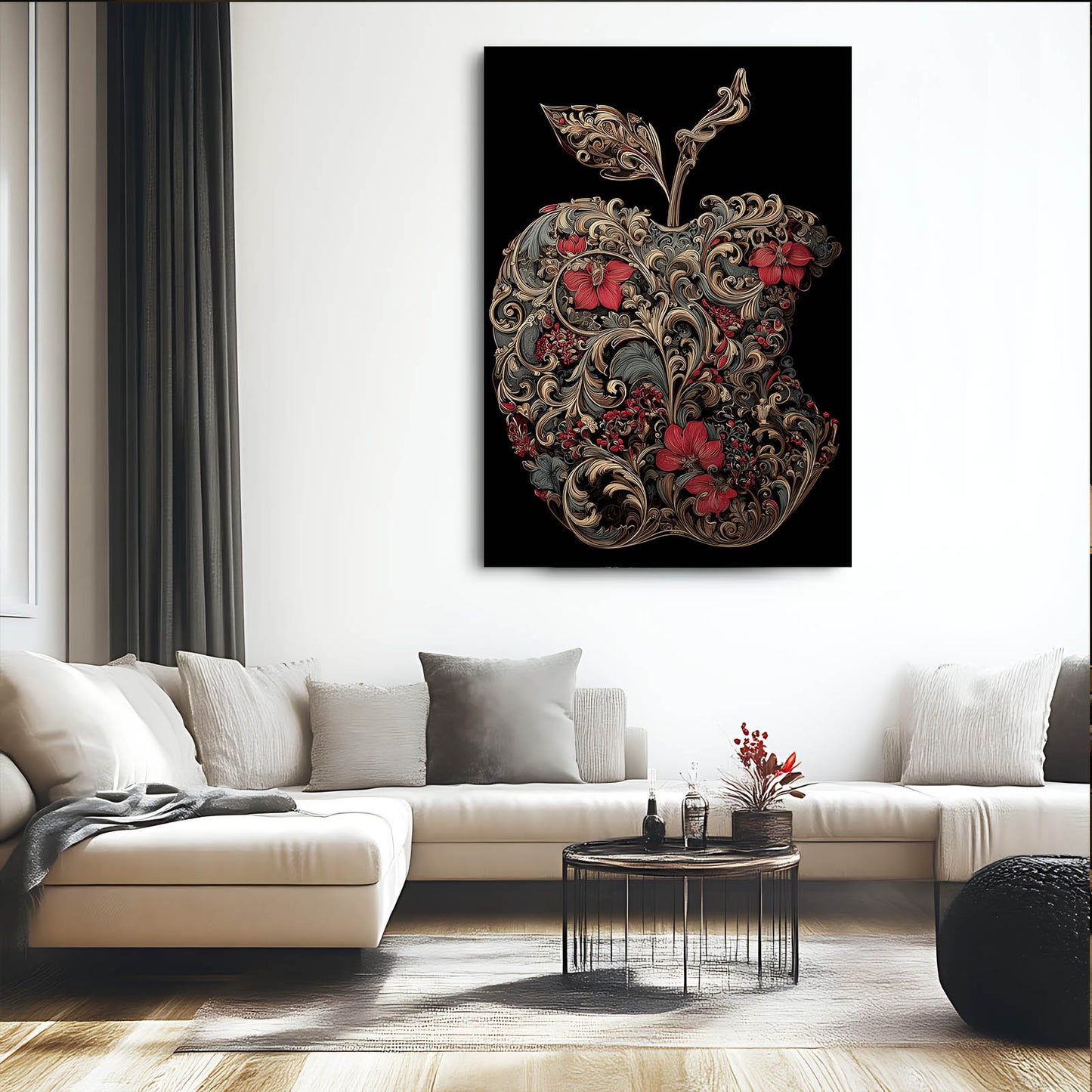 Ornate Floral Silhouette Apple Canvas – styled in a furnished interior