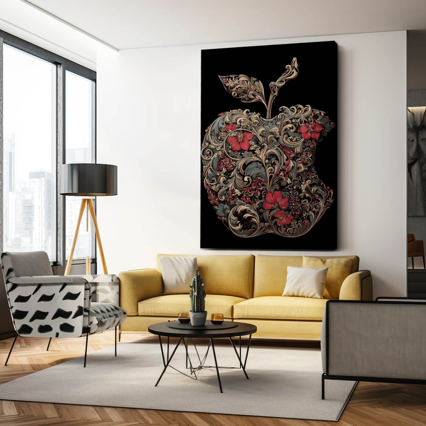 Ornate Floral Silhouette Apple Canvas – styled in a furnished interior