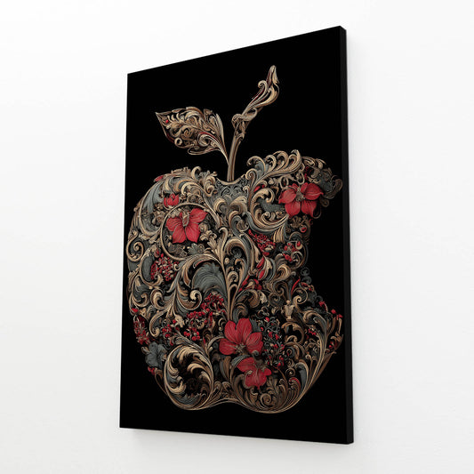 Ornate Floral Silhouette Apple Canvas – angled canvas view on white background