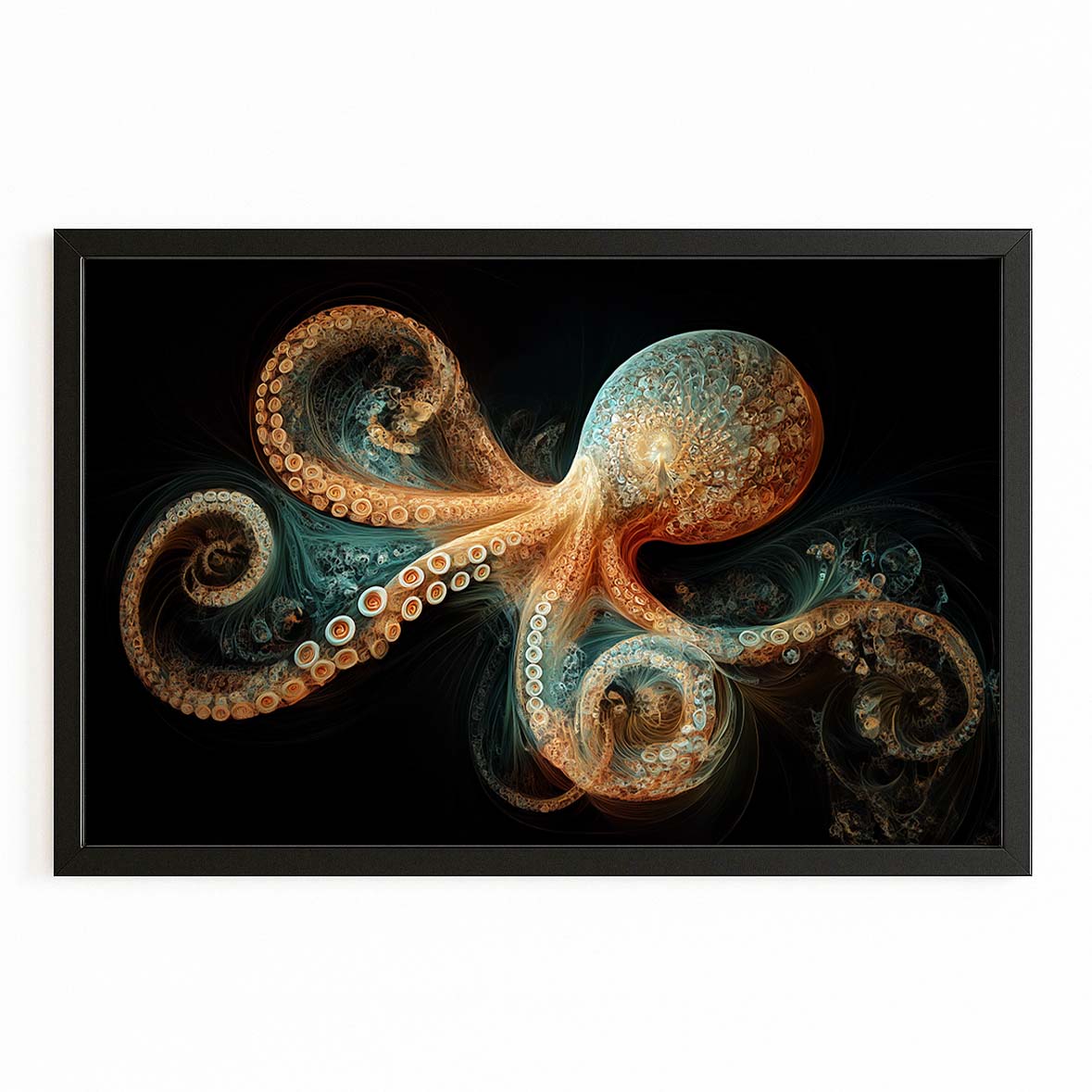 Ornate Fractal Coils Octopus Wall Decor – with Premium Black frame on white background