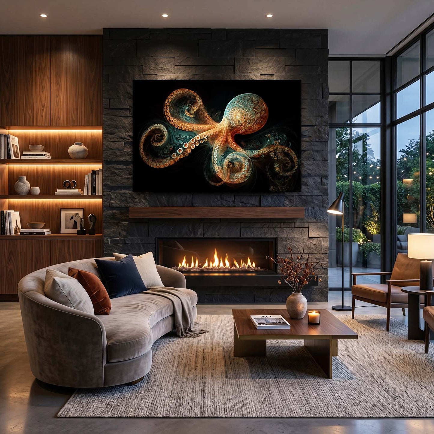 Ornate Fractal Coils Octopus Wall Decor – styled in a furnished interior