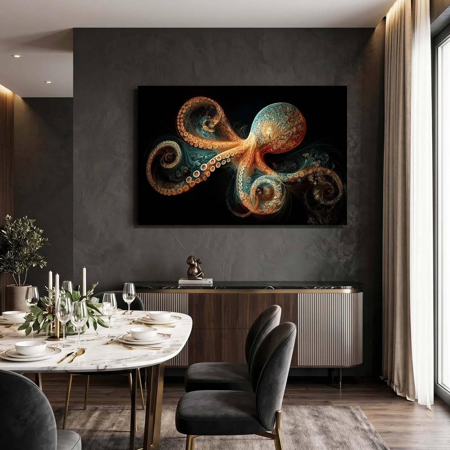 Ornate Fractal Coils Octopus Wall Decor – styled in a furnished interior