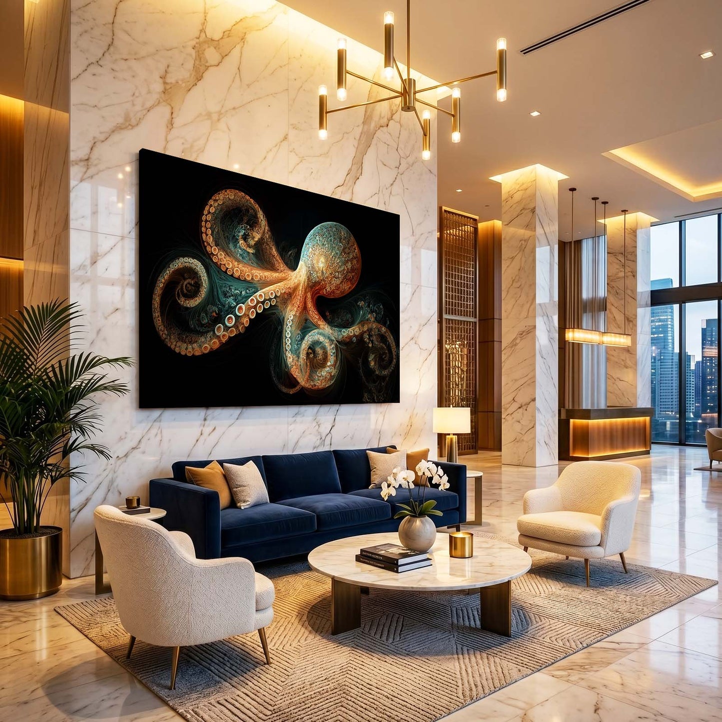 Ornate Fractal Coils Octopus Wall Decor – styled in a furnished interior