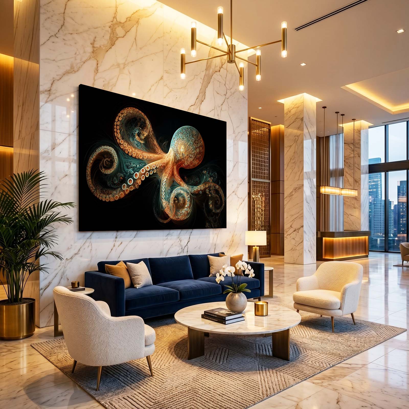 Ornate Fractal Coils Octopus Wall Decor – styled in a furnished interior