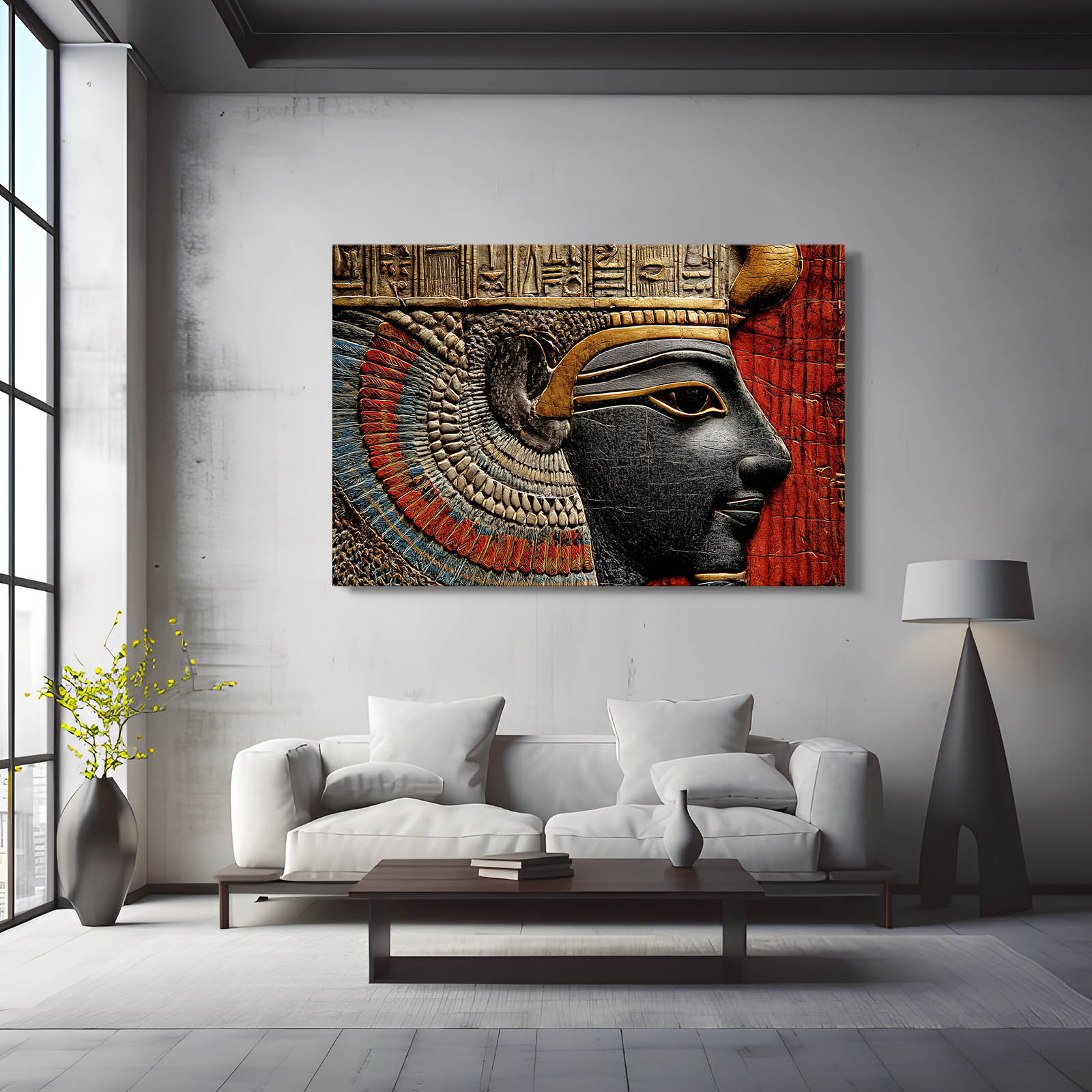Ornate Goddess Profile Egyptian Canvas – styled in a furnished interior