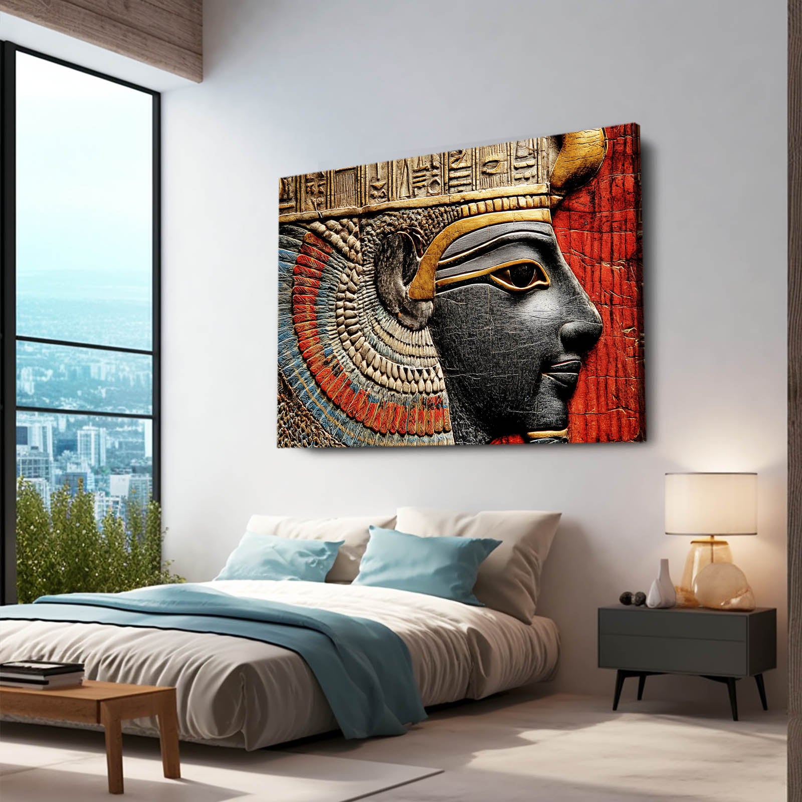 Ornate Goddess Profile Egyptian Canvas – styled in a furnished interior