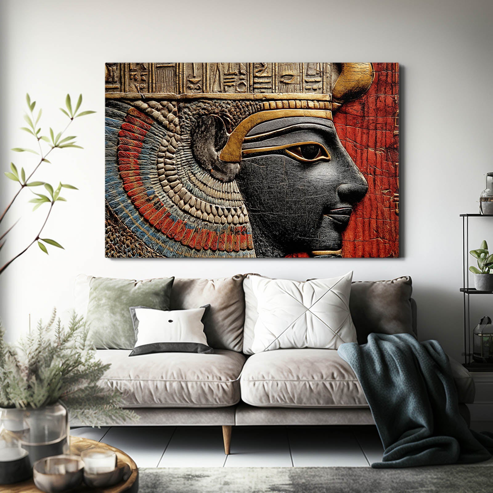 Ornate Goddess Profile Egyptian Canvas – styled in a furnished interior