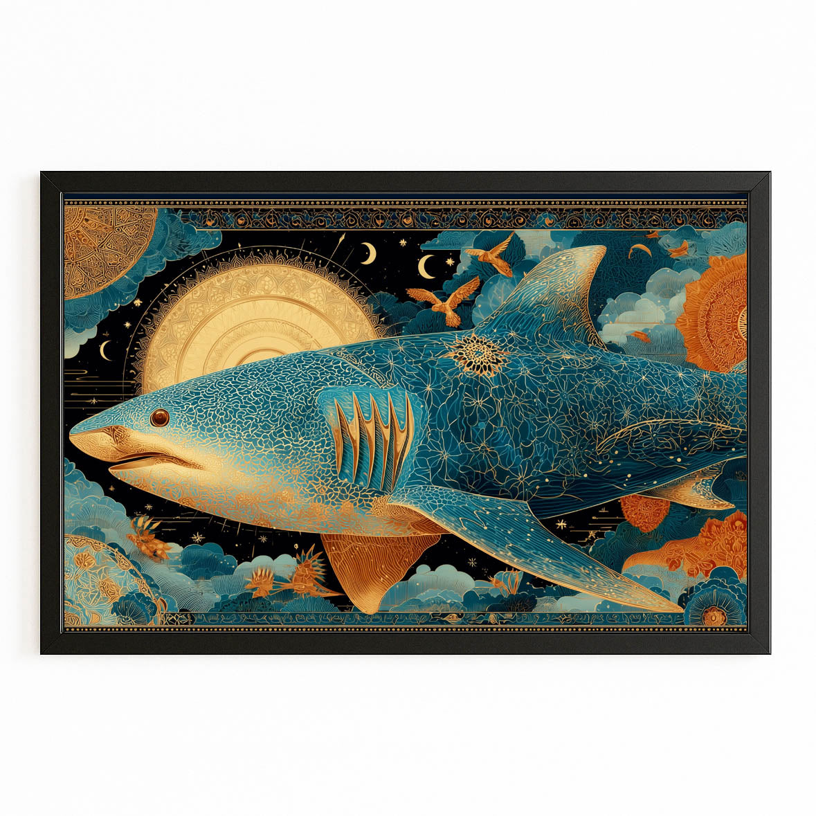 Ornate Gold Steampunk Shark Canvas – with Premium Black frame on white background