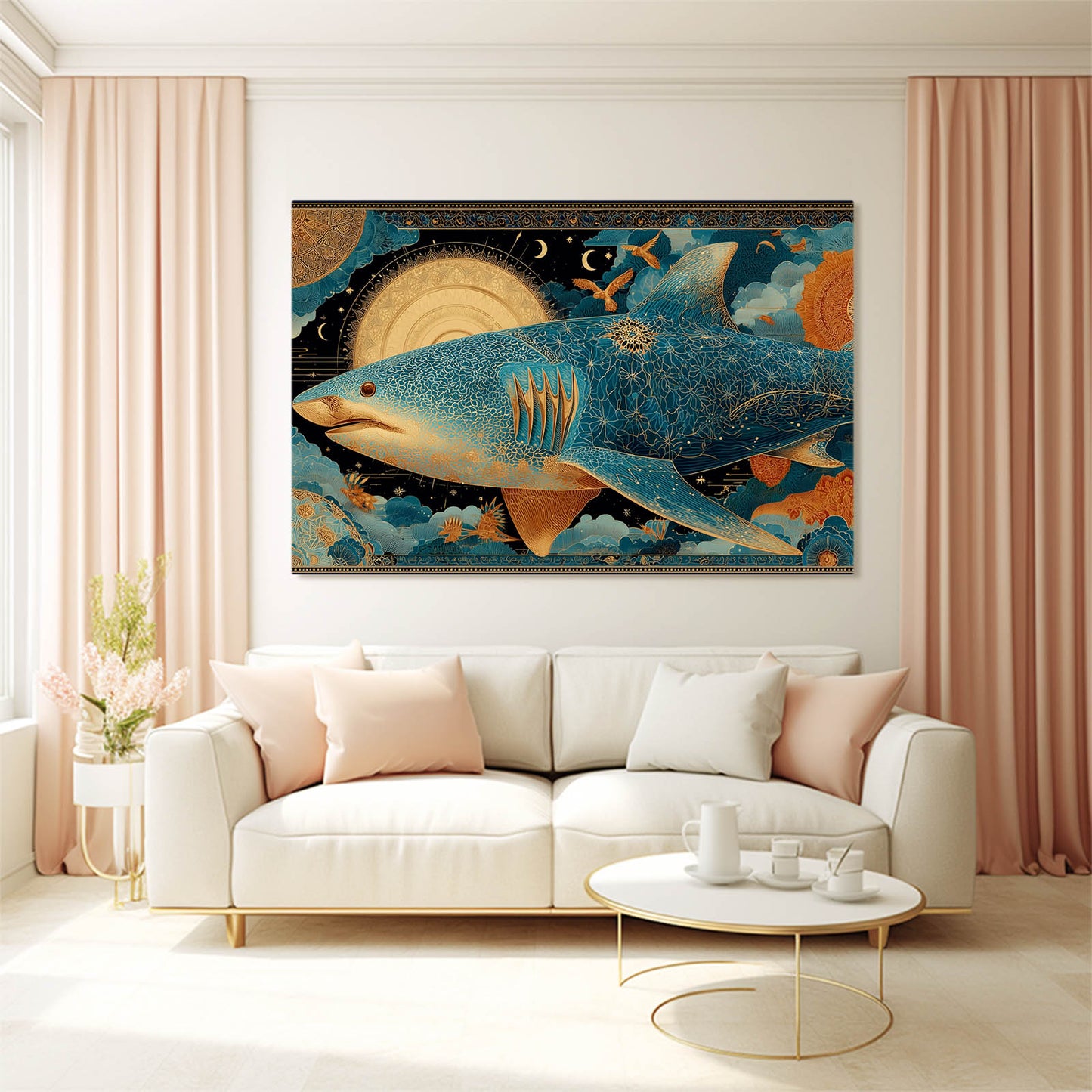 Ornate Gold Steampunk Shark Canvas – styled in a furnished interior