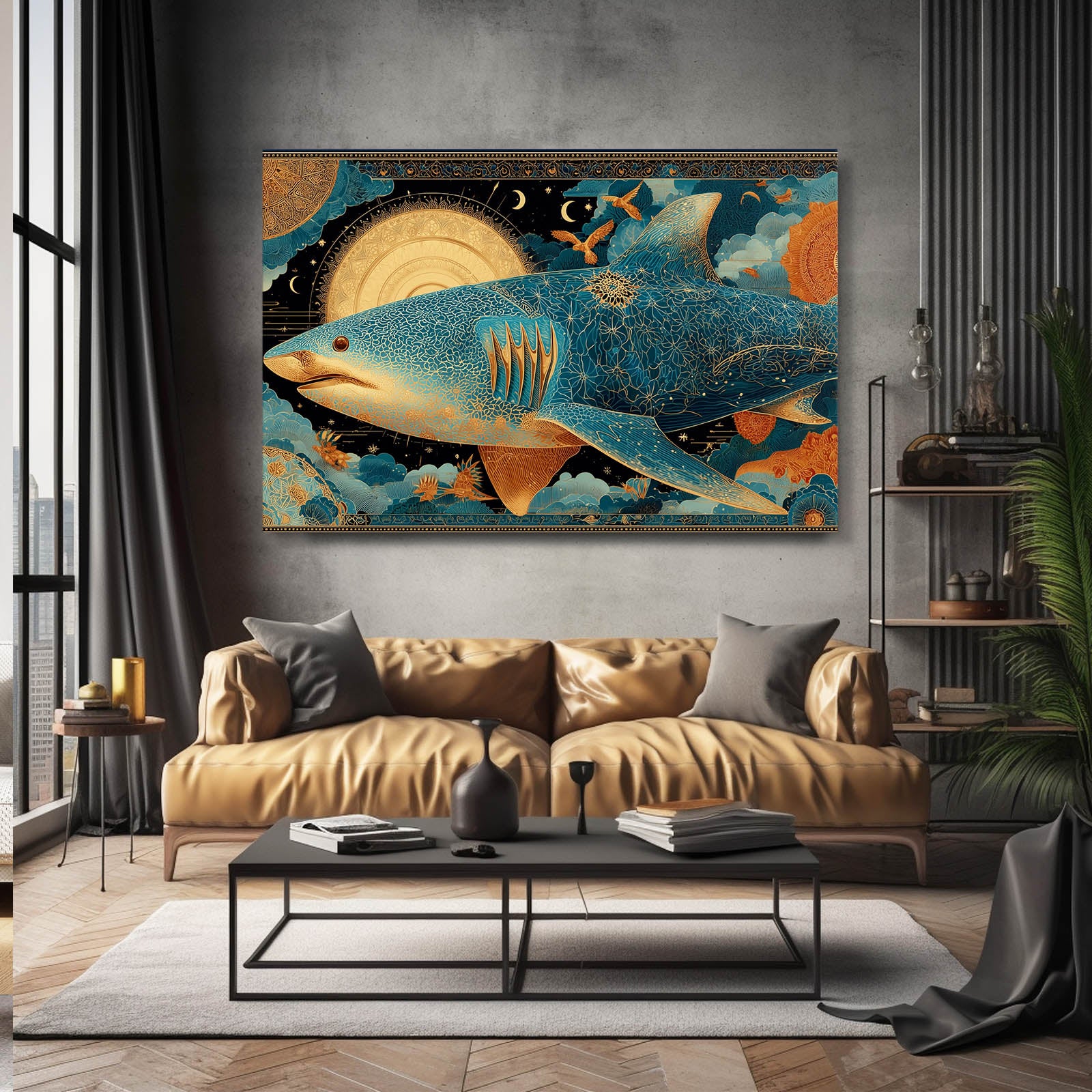 Ornate Gold Steampunk Shark Canvas – styled in a furnished interior