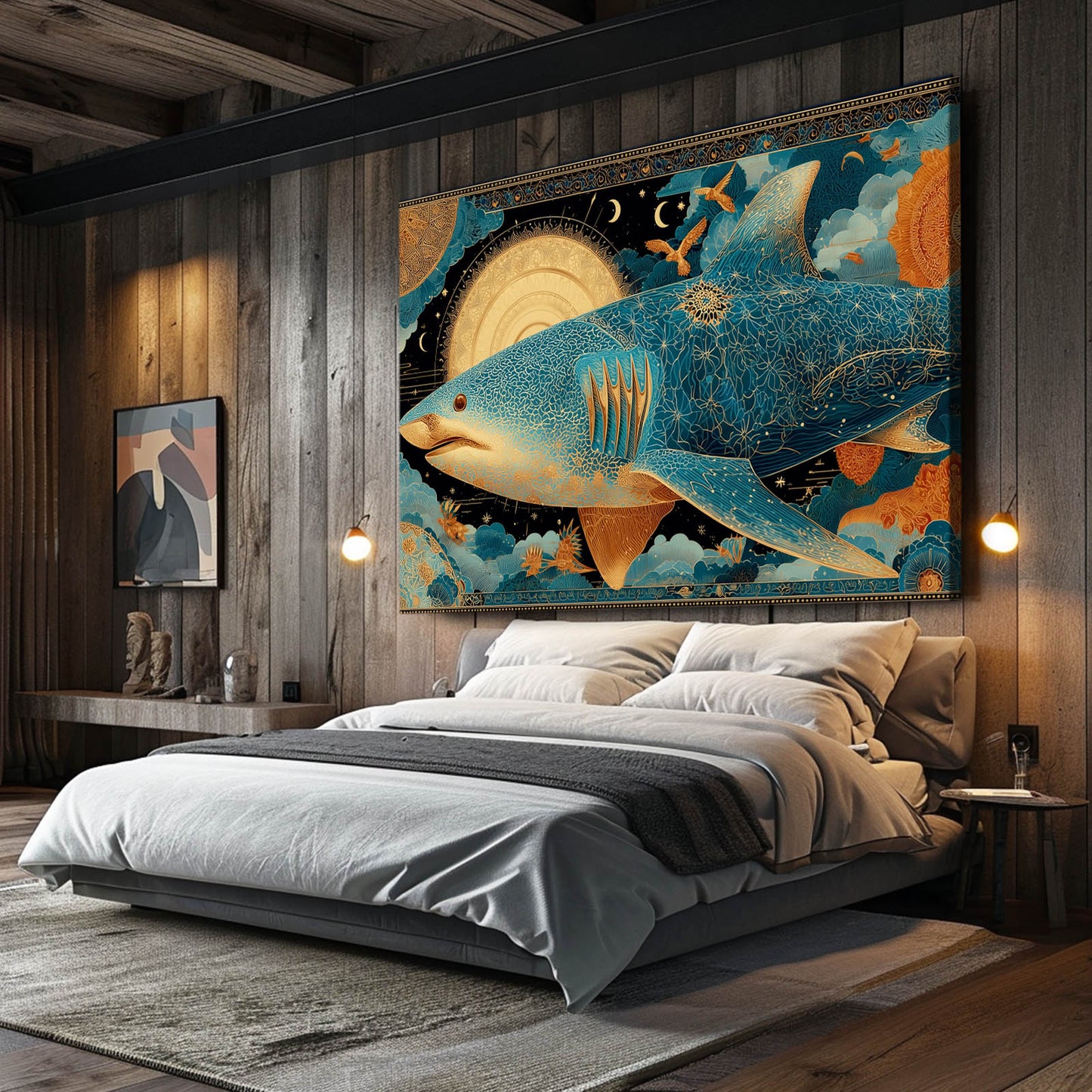 Ornate Gold Steampunk Shark Canvas – styled in a furnished interior