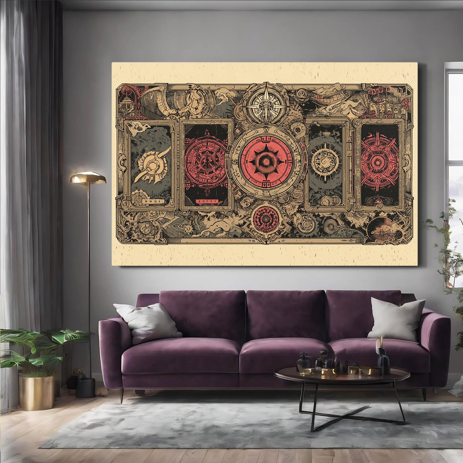 Ornate Grimoire Cover Steampunk Wall Decor – styled in a furnished interior