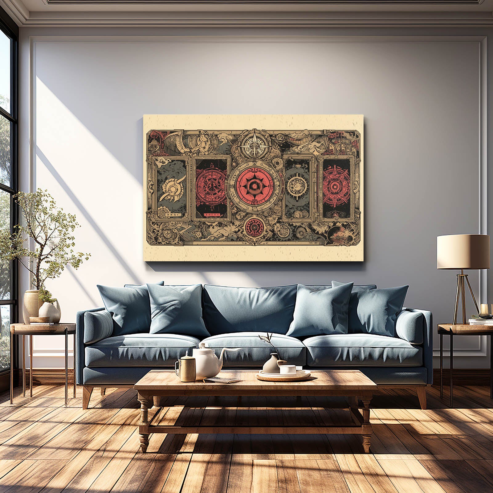 Ornate Grimoire Cover Steampunk Wall Decor – styled in a furnished interior