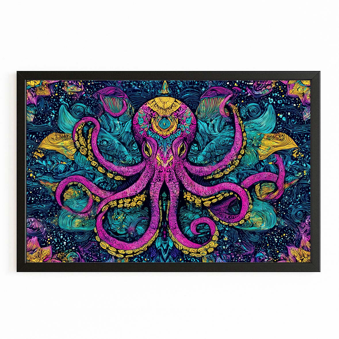 Ornate Magenta Pattern Octopus Prints – with Premium Black frame on white background