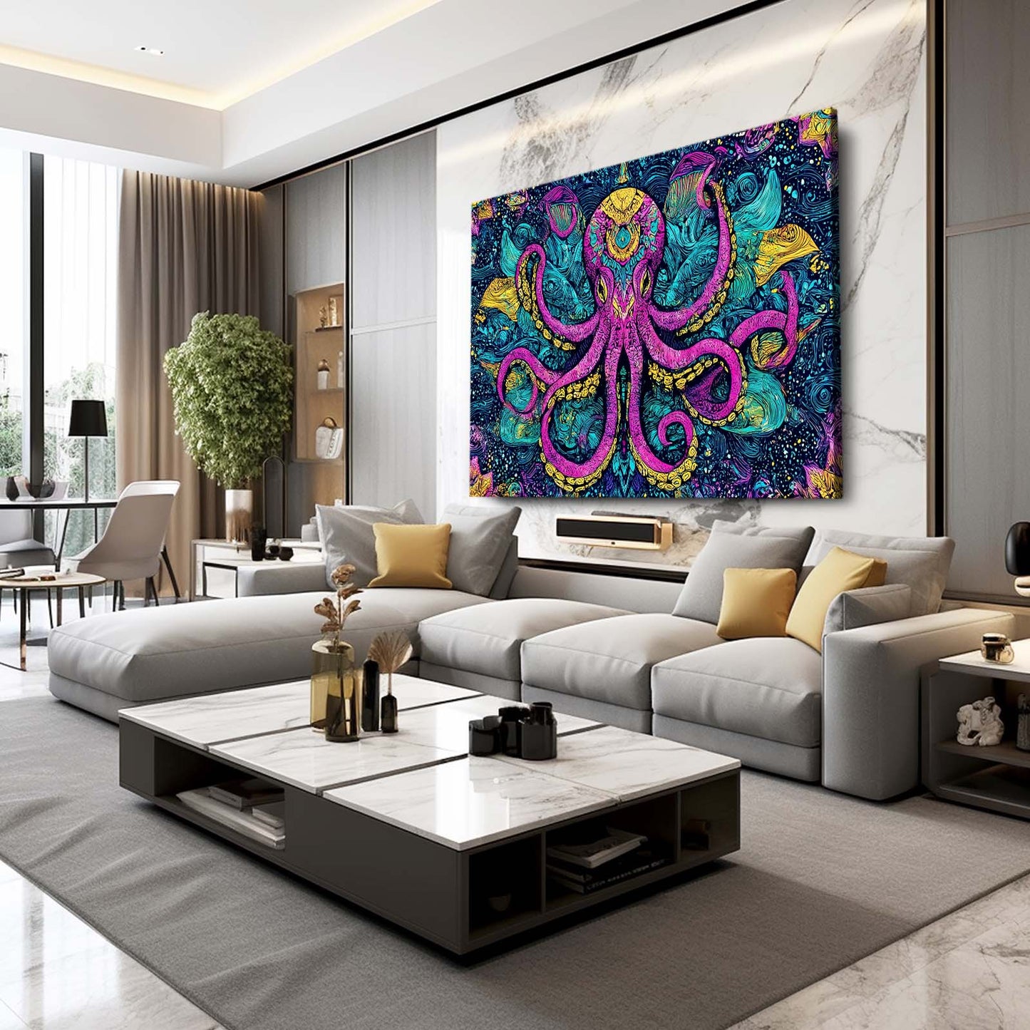 Ornate Magenta Pattern Octopus Prints – styled in a furnished interior