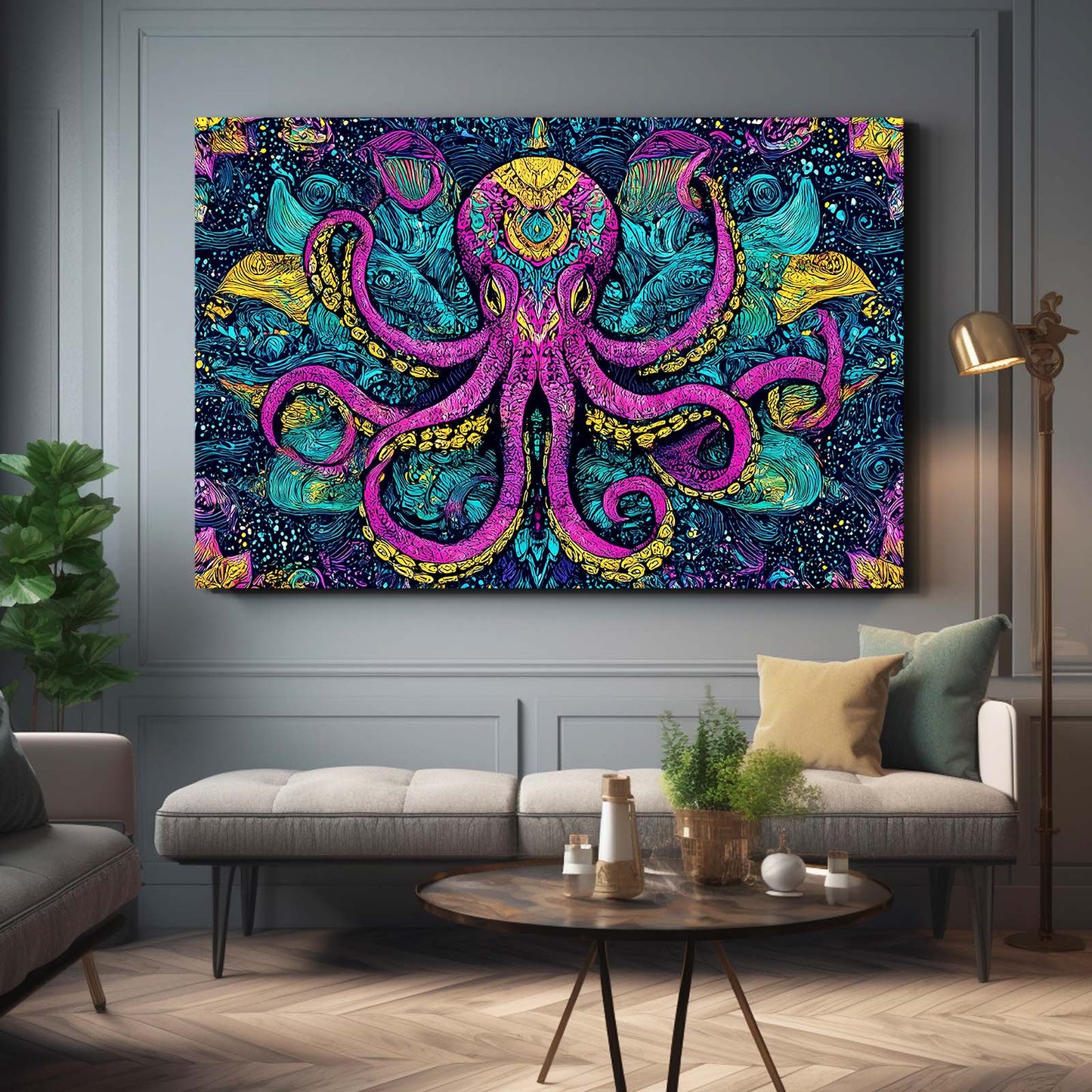 Ornate Magenta Pattern Octopus Prints – styled in a furnished interior