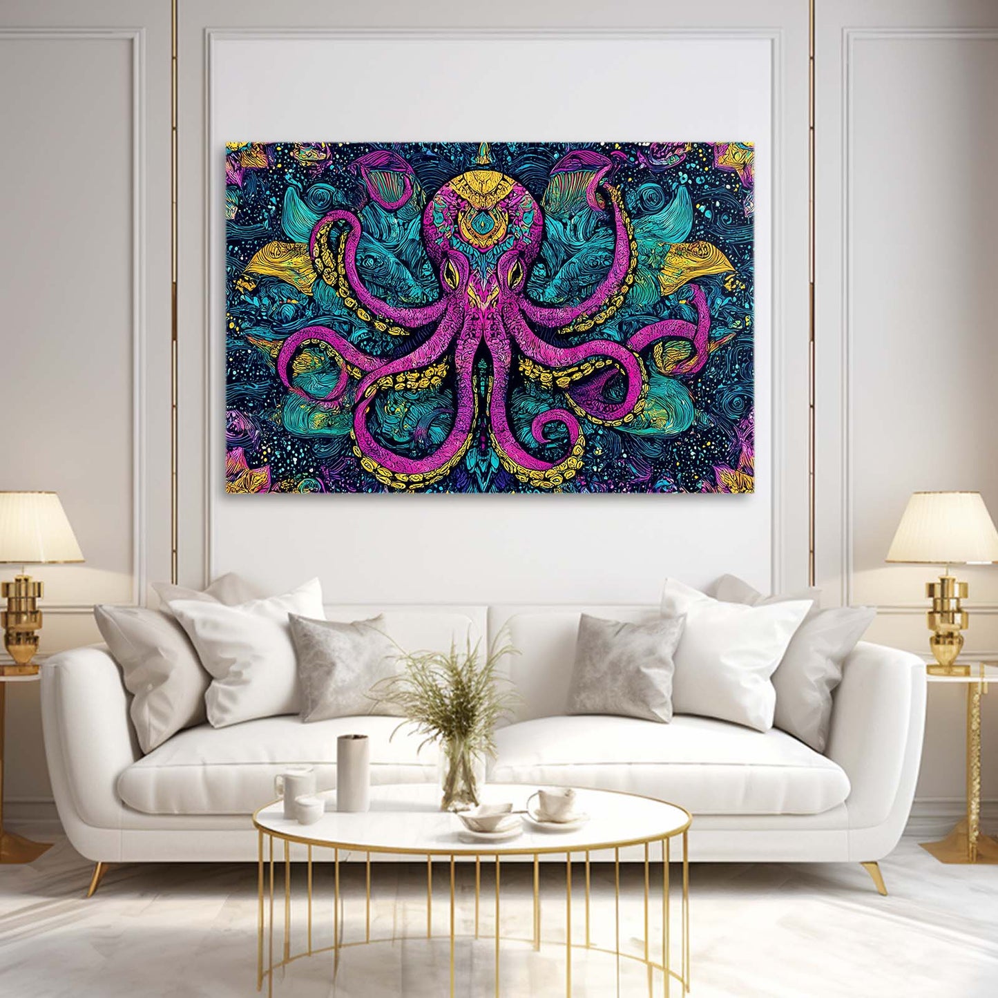 Ornate Magenta Pattern Octopus Prints – styled in a furnished interior