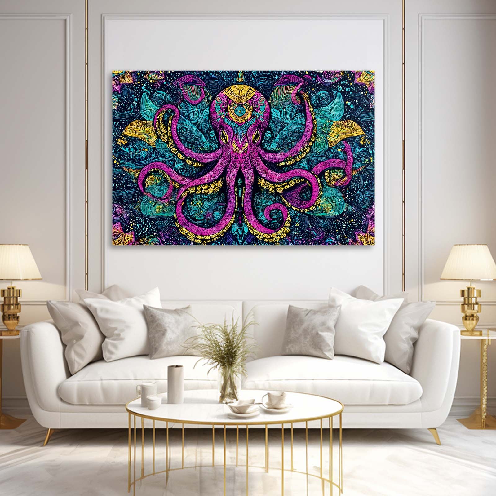 Ornate Magenta Pattern Octopus Prints – styled in a furnished interior