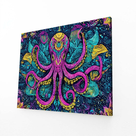 Ornate Magenta Pattern Octopus Prints – angled canvas view on white background