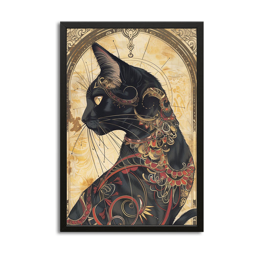 Ornate Majesty Cat Wall Art — art deco canvas print in orange tones, with Premium Black frame on white background