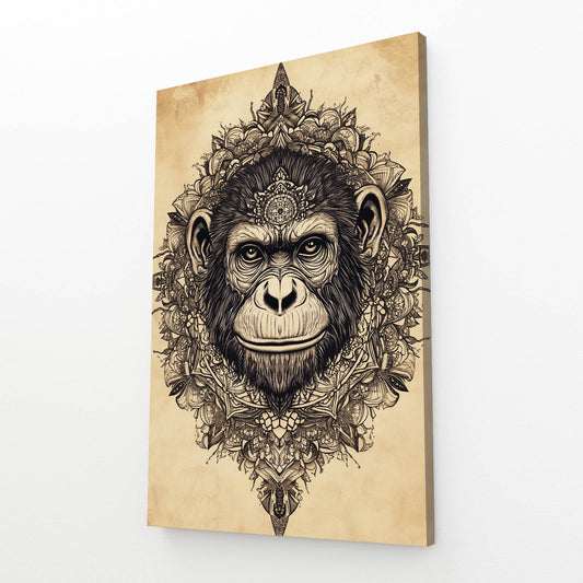Ornate Mandala Crest Monkey Wall Art – angled canvas view on white background