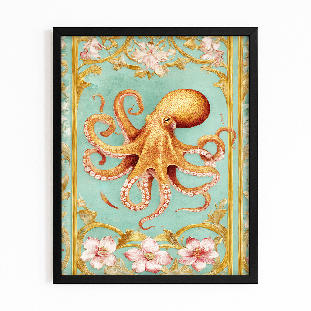 Ornate Mint Panel Octopus Art – with Premium Black frame on white background