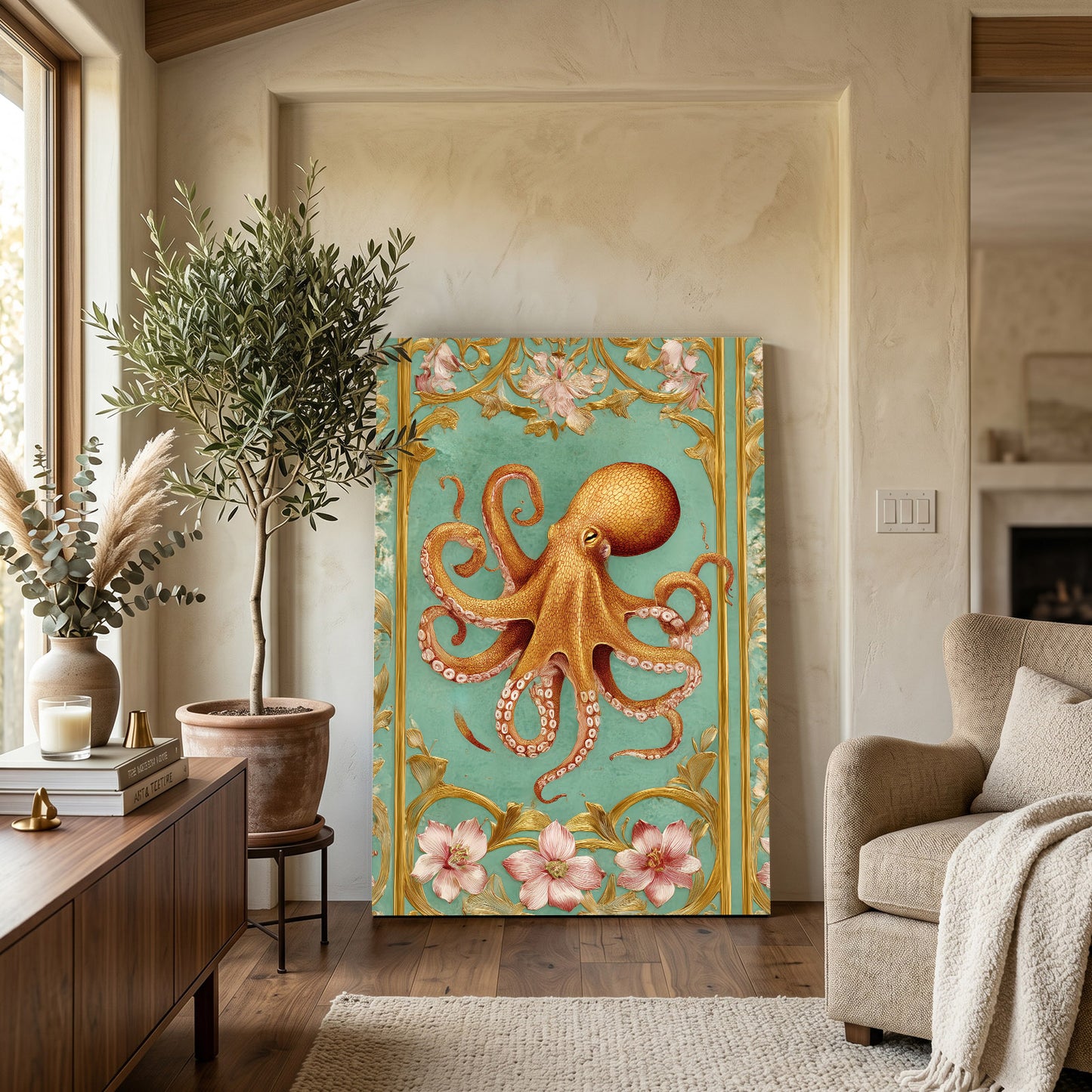 Ornate Mint Panel Octopus Art – styled in a furnished interior