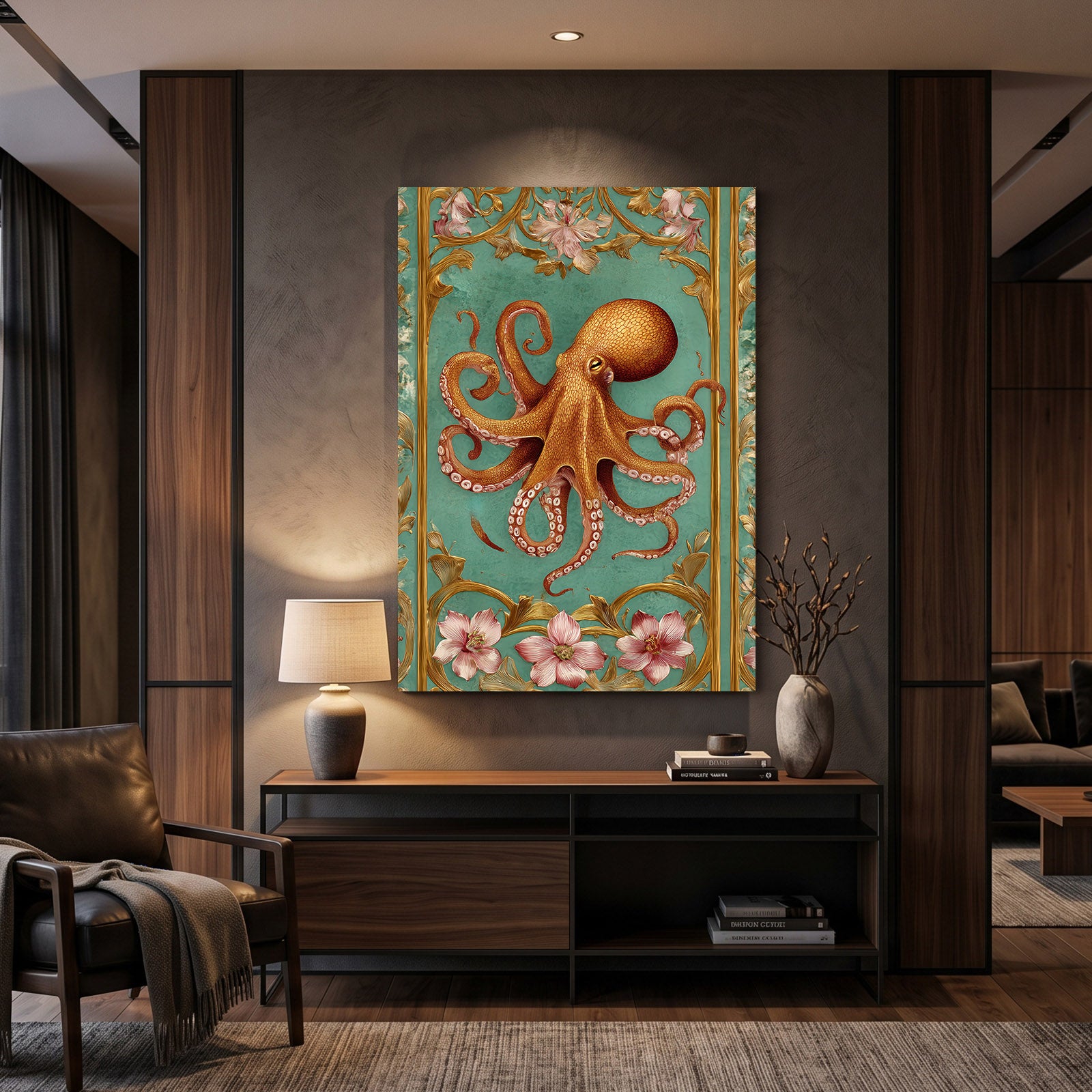 Ornate Mint Panel Octopus Art – styled in a furnished interior