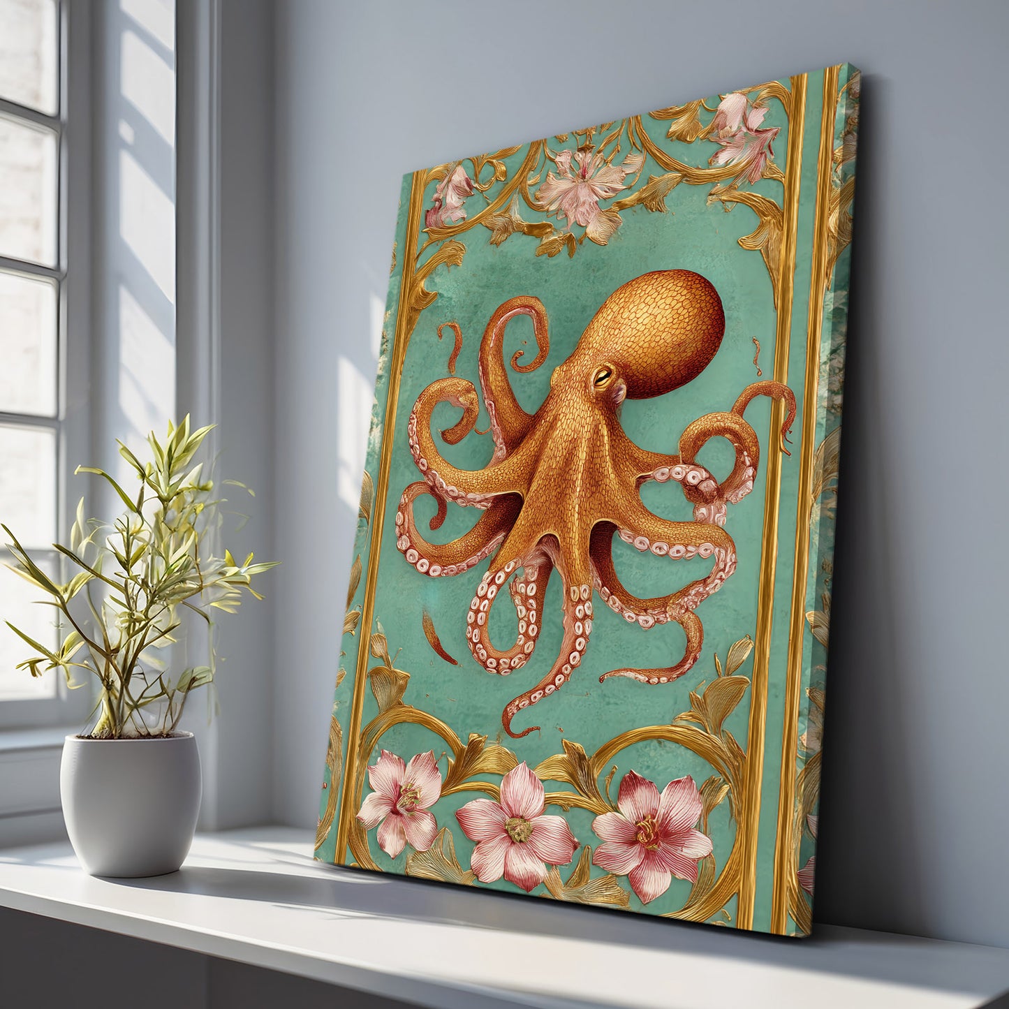 Ornate Mint Panel Octopus Art – styled in a furnished interior