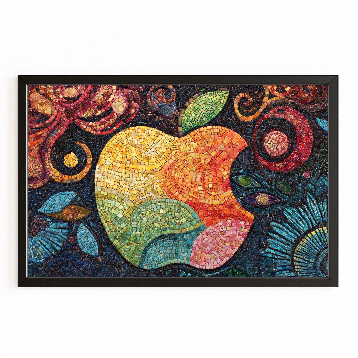 Ornate Mosaic Logo Apple Art – with Premium Black frame on white background
