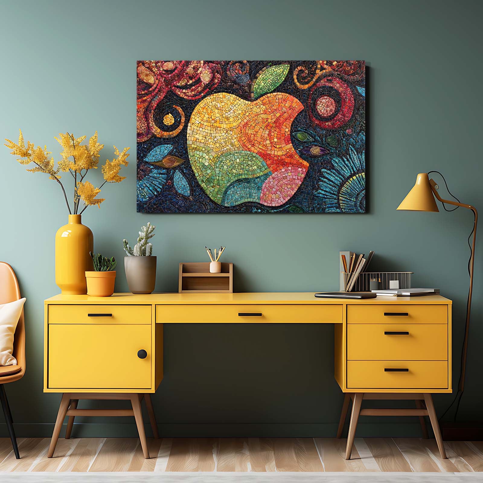 Ornate Mosaic Logo Apple Art – styled in a furnished interior