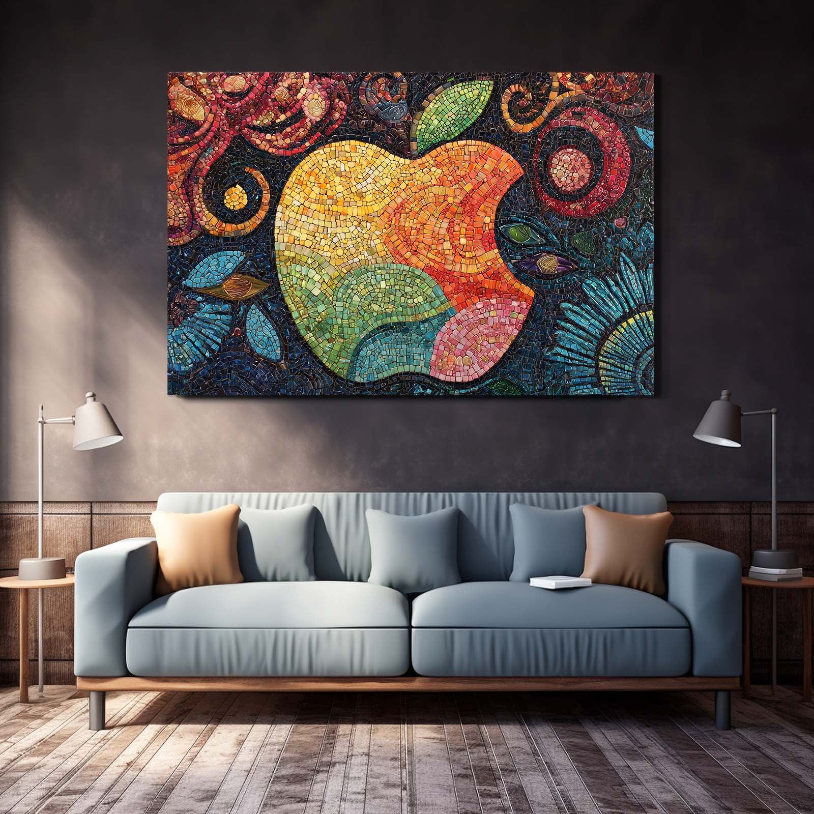 Ornate Mosaic Logo Apple Art – styled in a furnished interior